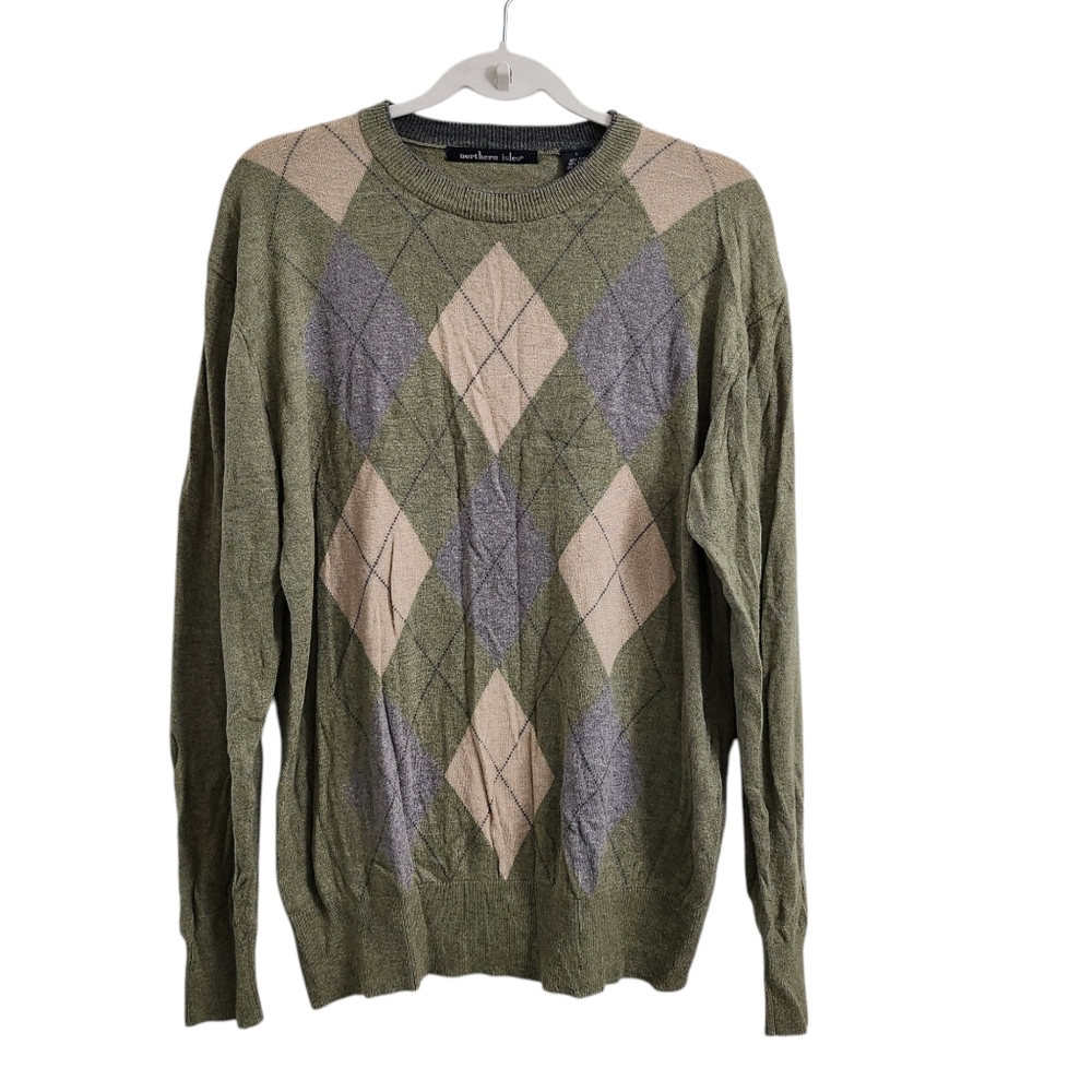 Northern Isles Argyle Sweater Mens Large Green Silk Cashmere Crew Neck Pullover